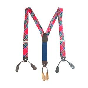 Breuer Vintage Brown Leather Red Blue Green Plaid Suspenders Made In Italy Men's